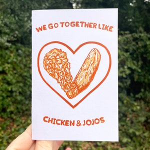 CARTE DE POULET ET DE JOJOS, carte de poulet et de jojos, carte de Saint Valentin, poulet frit, jojos, art de poulet, linogravure, impression linogravure, Saint Valentin