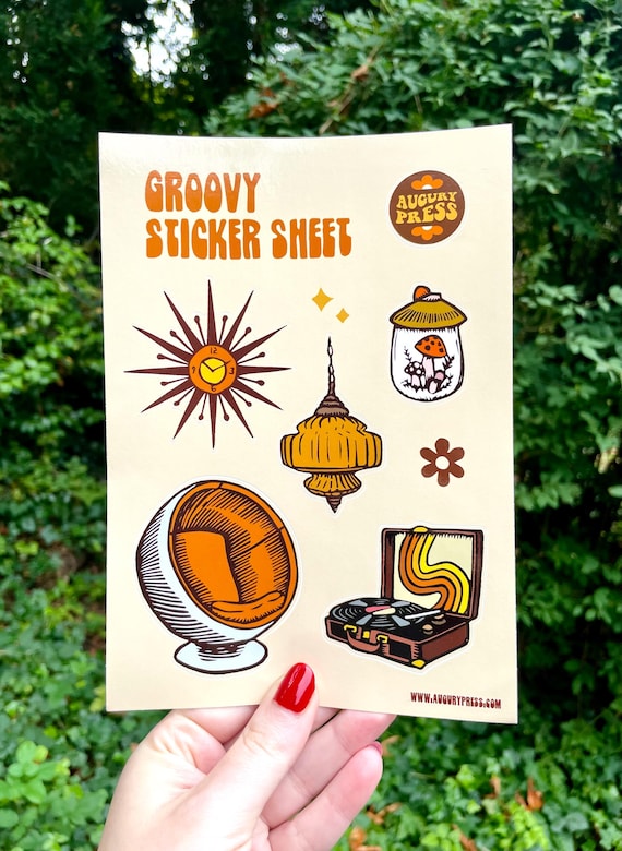 GROOVY STICKER SHEET, Sticker sheet, groovy, 70s, retro, vintage, stickers, linocut, merry mushroom, ball chair, record player, swag lamp