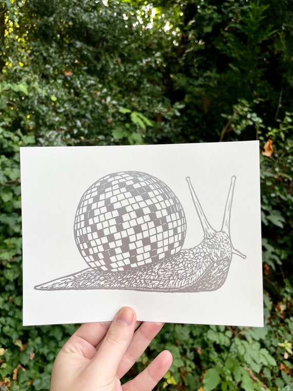 DISCO SNAIL PRINT, Disco snail, disco ball, snail print, snail art, snail decor, disco art, disco print, linocut, disco ball print