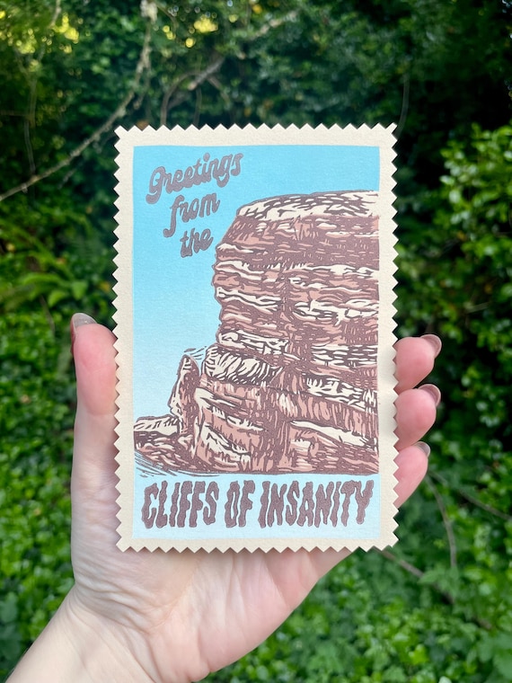 CLIFFS of INSANITY PRINT, Cliffs of Insanity, Cliffs of Moher, Princess Print, Princess Bride Print, Princess Bride Art, Postcard, linocut