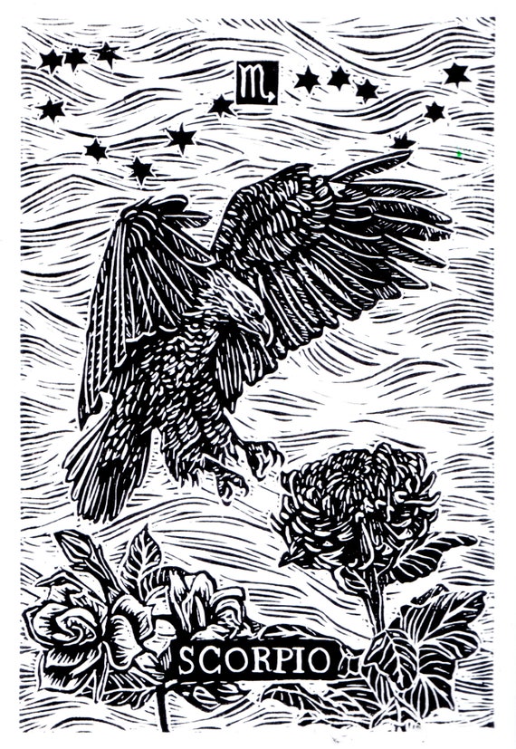 SCORPIO, Linocut Print, Zodiac Sign, Astrology Prints, Art Print, Wall Art Print, Eagle Print