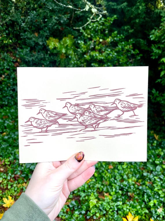 SANDERLING LINOCUT PRINT, sanderling, sea bird, ocean, bird, birds, snowy plover, sandpiper, block print, linocut, wall art, art print