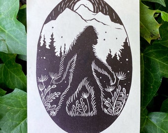 BIGFOOT LINOCUT PRINT, Sasquatch print, Bigfoot print, Bigfoot art, Cryptid, Merch, Accessories, Cryptozoology