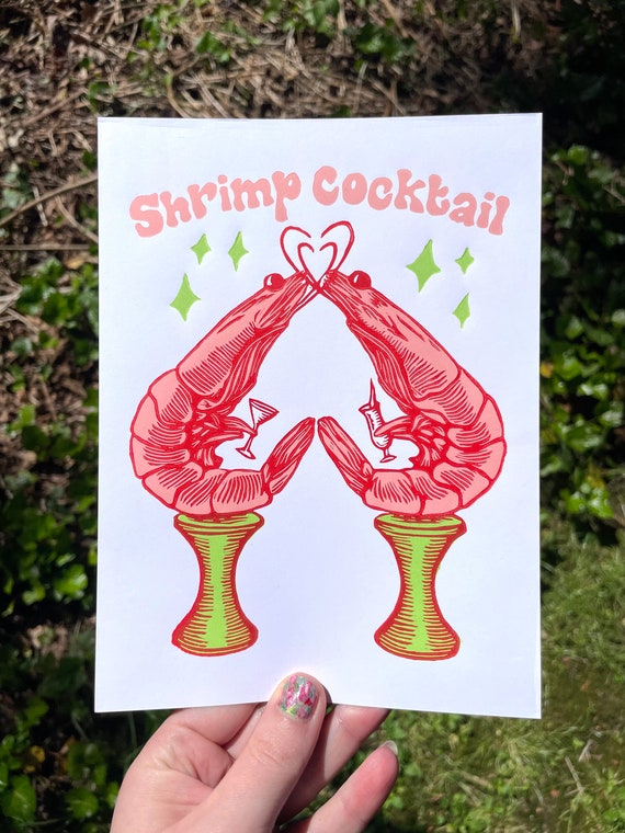 SHRIMP COCKTAIL PRINT, Shrimp Cocktail, Shrimp print, Shrimp art, Cocktail, Cocktail print, Cocktail art, Cute, funny, linocut, cute art