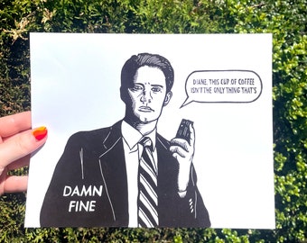 DALE COOPER PRINT, Agent Dale Cooper Print, Agent Dale Cooper, Dale Cooper, Kyle Machlachlan, Twin Peaks, Damn fine cup of coffee, linocut