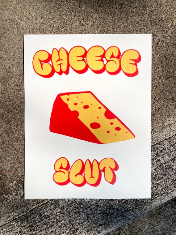 CHEESE SLUT PRINT, linocut print, cheese print, cheese lover, cheese art, block print, wall art, decor, cheese decor, slut art, slut print