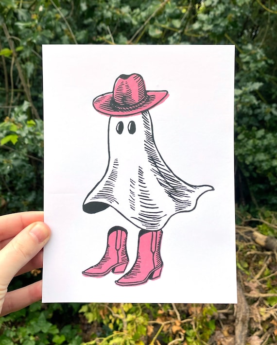 GHOST COWBOY PRINT, Linocut Print, block print, art print, wall print, western, ghost, cowboy, relief print, orville peck, pink williams