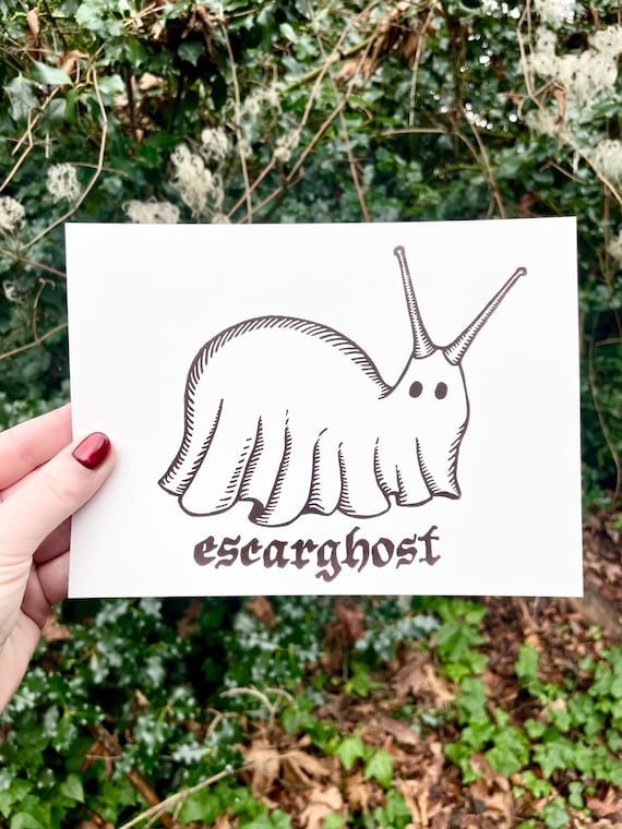 ESCARGHOST LINOCUT PRINT, linocut, print, art, snail, ghost, escargot, cute, silly, wall art, snail art, ghost art, escarghost, block print