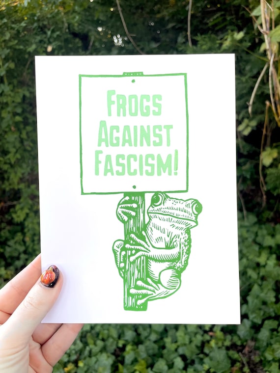 FROGS AGAINST FASCISM Print, Anti-fascist, Frog, Portland, Portland Frog, immigrant defense, linocut, block print, art, protest, protest art