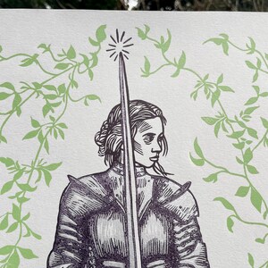 May include: A black and white illustration of a person in armour holding a sword. The person is surrounded by green vines.