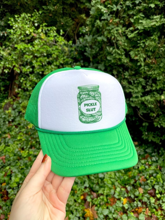 PICKLE SLUT HAT, trucker hat, pickle hat, pickle slut, hat, green, green hat, pickle art, linocut, pickles, pickle lover, original