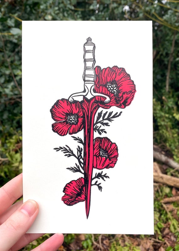 POPPY'S DAGGER PRINT, Poppy Dagger, fbaa, Wolven Dagger, Bloodstone, Linocut, Printmaking, From Blood and Ash, Flesh and Fire