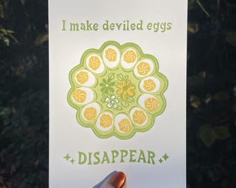DEVILED EGGS PRINT, Deviled eggs, eggs, retro, vintage, print, linocut print, block print, gift, silly, cute, retro art, wall art, decor