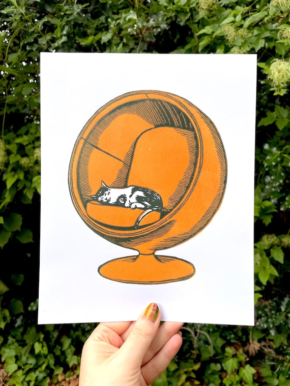 BALL CHAIR PRINT, ball chair, egg chair, 60s, cat print, cat art, cat, 60s chair, orange, linocut, ball chair art, 60s interior design