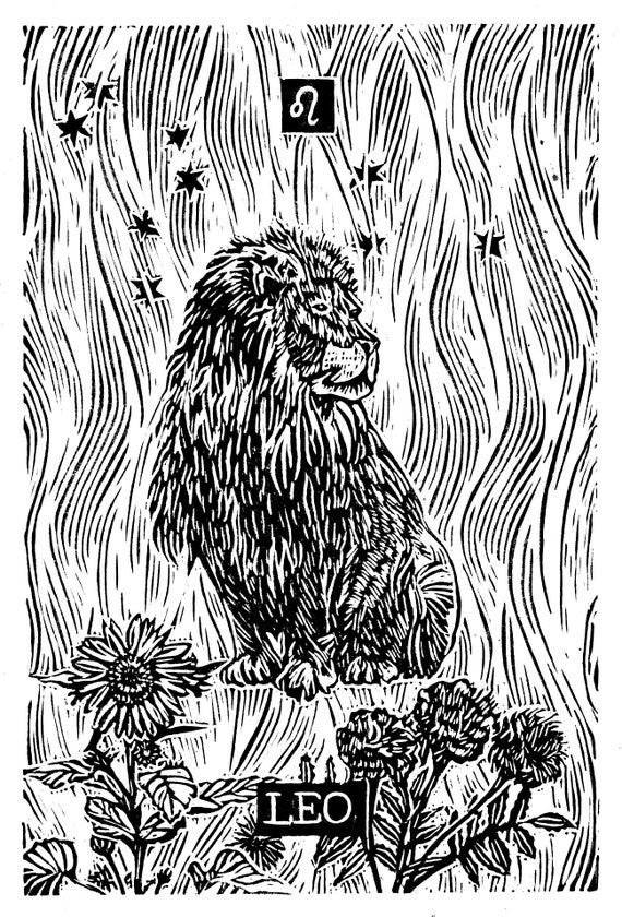 LEO, Linocut Print, Zodiac Sign, Astrology Prints, Art Print, Wall Art Print