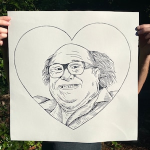 DANNY DEVITO PRINT, linogravura, impressão em bloco, impressão artística, danny devito art, frank reynolds, é sempre ensolarado na Filadélfia,