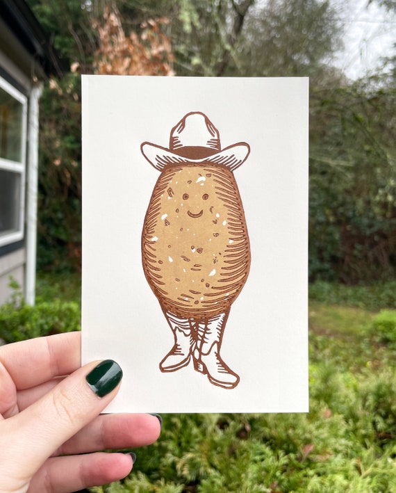 POTATO COWBOY PRINT, potato print, potato art, cowboy print, cowboy art, spud, spudboy, linocut, linocut print, dolly parton