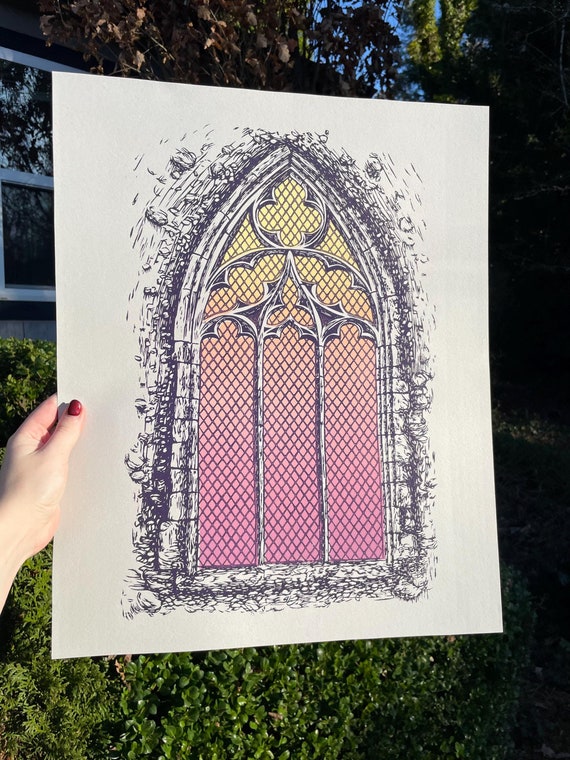 Gothic Window Print, Stained Glass, Window, Gothic, Linocut, print, art, block print, wall art, decor, gothic decor, gradient, gothic art