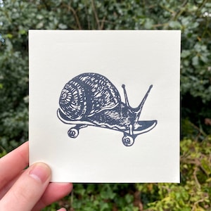 SKATER SNAIL PRINT, Snail print, Snail art, mini print, linocut, linocut print, art print, block print, relief print, cottagecore