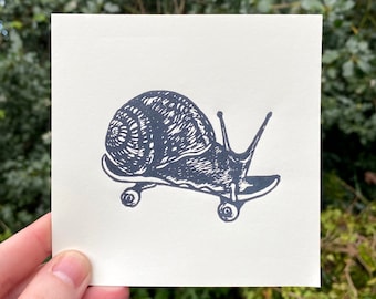 SKATER SNAIL PRINT, Snail print, Snail art, mini print, linocut, linocut print, art print, block print, relief print, cottagecore