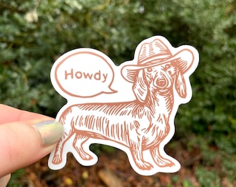 COWBOY DACHSHUND STICKER, Cowboy sticker, dachsund print, dachsund sticker, dog art, dog print, cowboy art, weiner dog, howdy, cowboy dog