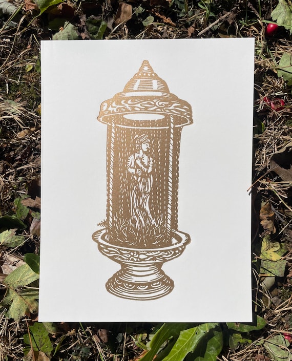 Rain Oil Lamp Linocut Print, Gold, vintage, block print