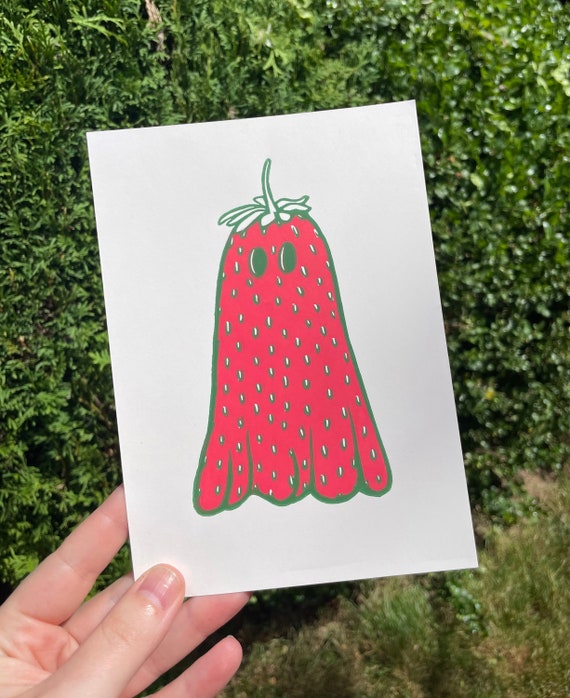 STRAWBERRY GHOST LINOCUT, Strawberry ghost print, strawberry ghost, ghost print, strawberry print, ghost art, strawberry art, cute, linocut