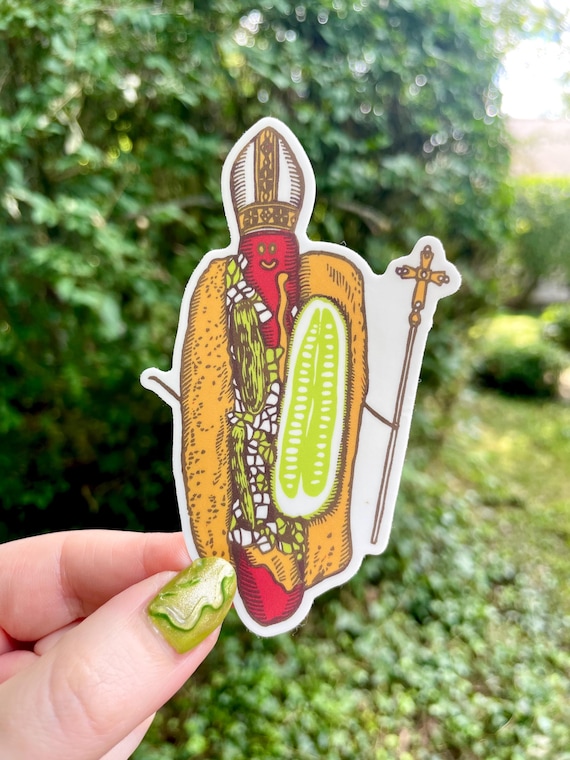 POPE DOG STICKER, Chicago Dog, Pope, pope dog, sticker, hot dog, chicago pope, stickers, vinyl, chicago dog sticker, chicago, art, linocut