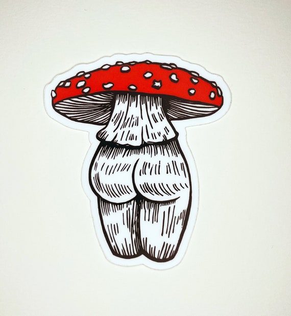 MUSHROOM BUTT STICKER, mushroom sticker, butt sticker, linocut, print, printmaking, cottagecore, fungi, mushroom print, mushroom art