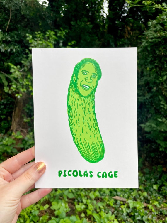 PICOLAS CAGE PRINT, Nicolas Cage, pickle, pickles, pickle art, pickle print, funny print, funny art, Picolas Cage, lincout, block print