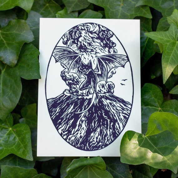 BATSQUATCH PRINT, Linocut print, Batsquatch Linocut, Batsquatch art, Mount St. Helens, Cryptid, Merch, Accessories, Cryptozoology