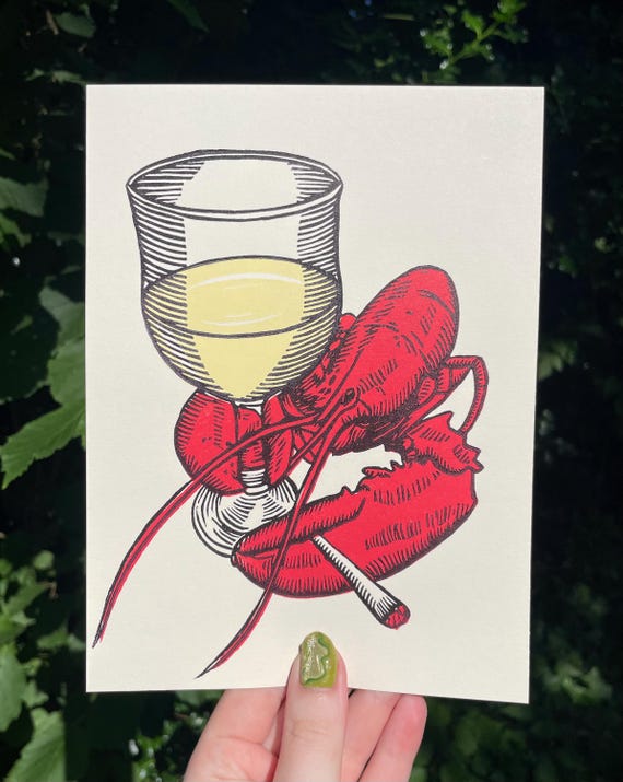 PARTY LOBSTER PRINT, Linocut Print, Lobster Print, Lobster art, party, rock lobster, cute, silly, animal print, animal art, wine, joint, art