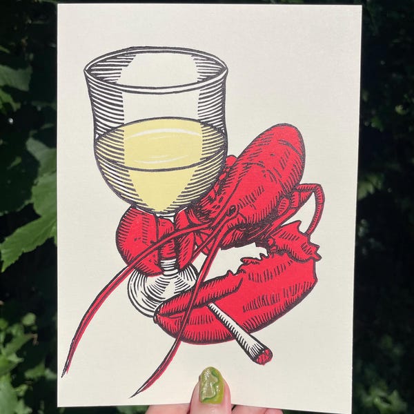 STAMPA ARAGOSTA PER FESTA, Stampa Linoleografia, Stampa Aragosta, Arte Aragosta, Festa, Aragosta, Carino, Sciocco, Stampa Animalier, Arte Animale, Vino, Canna, Arte