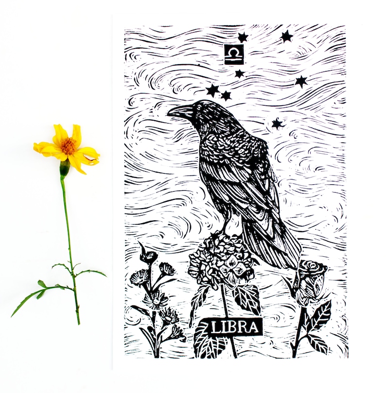 LIBRA, Linocut Print, Zodiac Sign, Astrology Prints, Art Print, Wall Art Print, Raven Print image 2
