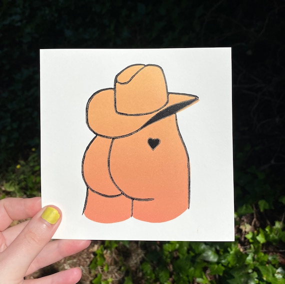 COWBOY BUTT PRINT, Cowboy art, Cowboy print, butt art, butt print, booty, linocut, wall art, peach, block print, wall art, decor