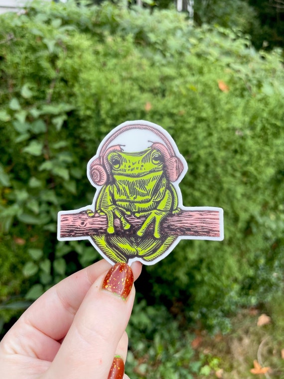 CUTE FROG STICKER, frog, sticker, snail, snails, frog sticker, cute, snail sticker, headphones, linocut, cottagecore, block print, vinyl