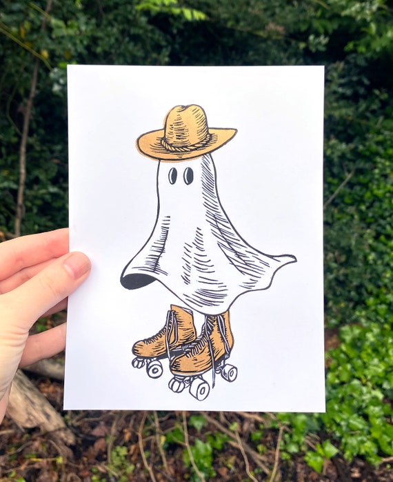 ROLLERSKATING GHOST COWBOY Print, Linocut Print, block print, art print, wall print, western, ghost, cowboy, relief print, orville peck