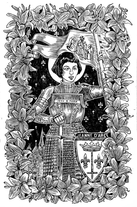 JOAN of ARC PRINT, Joan of Arc Linocut, Jeanne D'Arc, Historical Print, Printmaking, Block Print