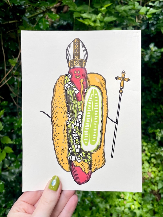 POPE DOG PRINT, Chicago Dog, Chicago, Chicago art, hot dog, pope, chicago pope, hot dog art, chicago print, hot dog print, pope art, linocut