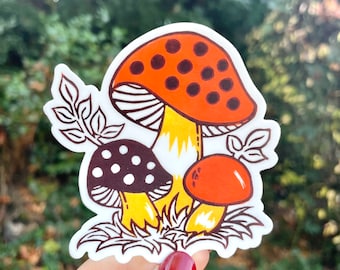 VROLIJKE PADDESTOEL STICKER, Vrolijke Paddestoel, Vrolijke Paddestoelbus, Cottagecore, Linosnede, linosnede print, print, kunstprint, paddestoelsticker