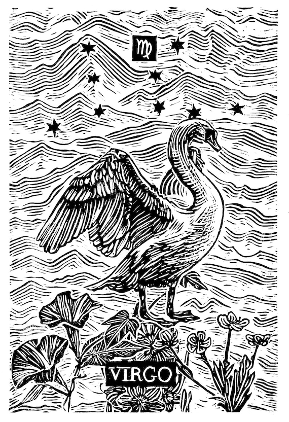 VIRGO, Linocut Print, Zodiac Sign, Astrology Prints, Art Print, Wall Art Print, Swan Print