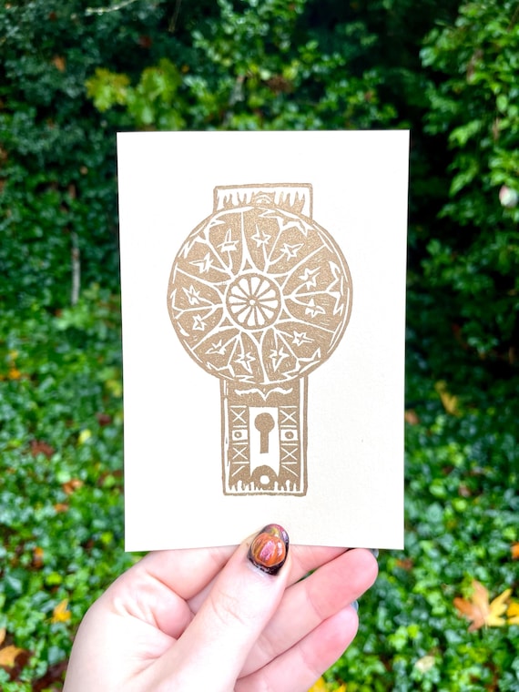 Doorknob Linocut Print, Doorknob, decor, fixtures, gold, block print, interior design, art print, wall art, fine art, vintage, door, knob