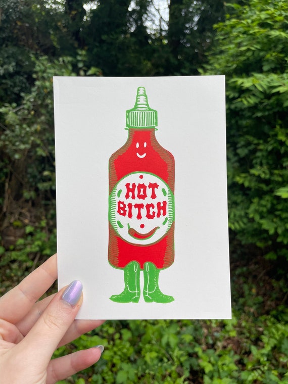 HOT BITCH PRINT, Hot sauce, Hot sauce art, hot sauce print, pepper, chili pepper, hot bitch, sriracha, sriracha print, sriracha art, linocut