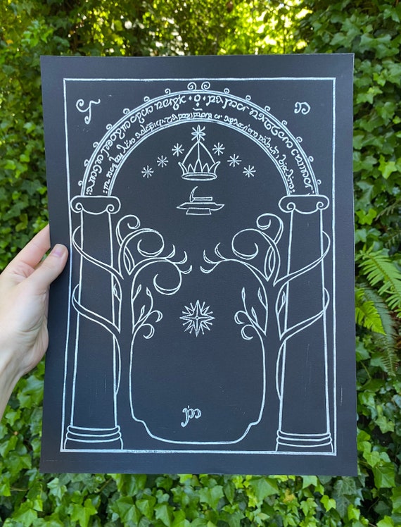 DOORS of DURIN PRINT, Lord of the Rings print, Mines of Moria, Lord of the Rings, lotr, lord of the rings art, linocut
