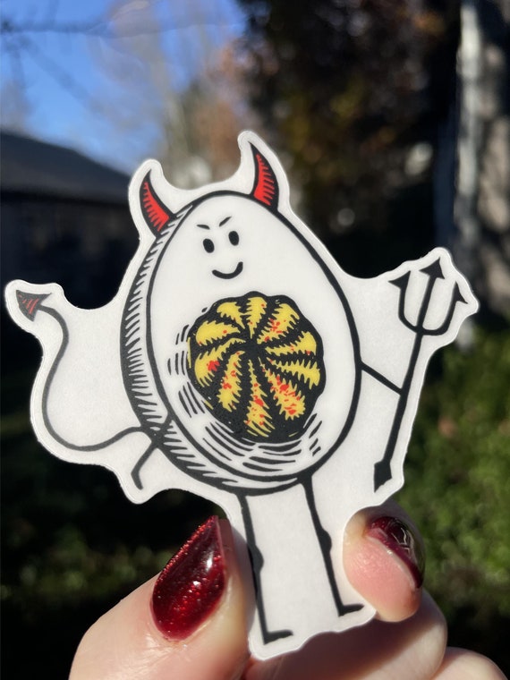 DEVILED EGG STICKER, Deviled egg, Deviled eggs, cute, funny, cute sticker, funny sticker, sticker, gift, linocut, devil, egg, retro, silly
