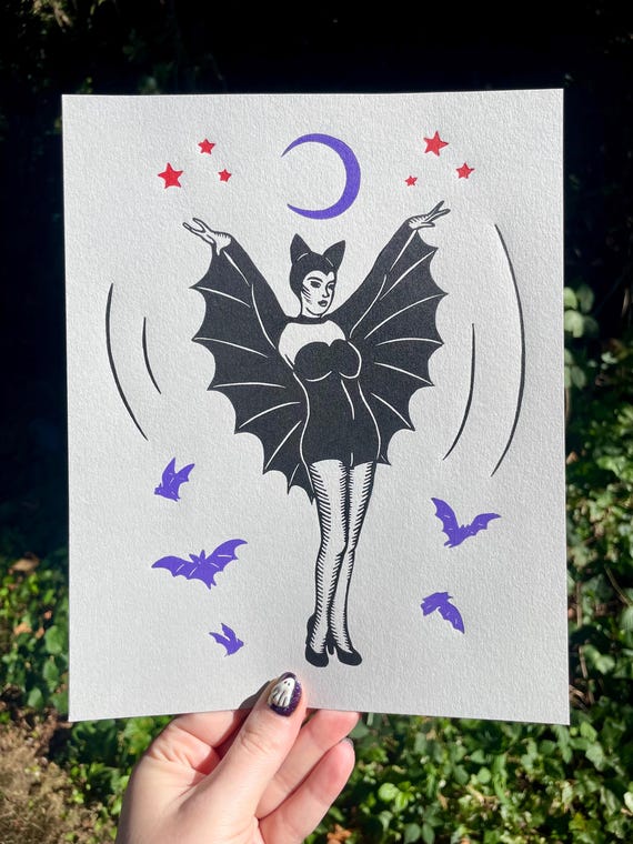 BAT GIRL PRINT, Bat, bat print, bat art, halloween, halloween print, halloween art, halloween decor, vintage, vintage illustration, wall art
