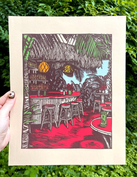 VINTAGE BAR PRINT, tiki bar, Linocut, print, tiki, 60s, vintage, nostaglia, art print