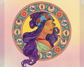 PHISH CHICK PRINT, impresión de phish, cartel de phish, arte de phish, arte Phan, Alphonse Mucha, Art Nouveau