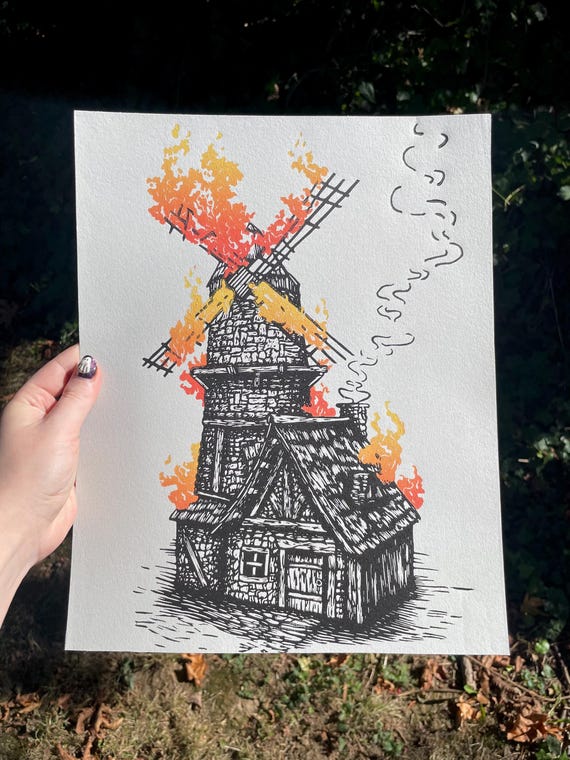 FRANKENSTEIN WINDMILL PRINT, windmill, frankenstein, frankenstein's monster, linocut, block print, art print, burning windmill, wall art