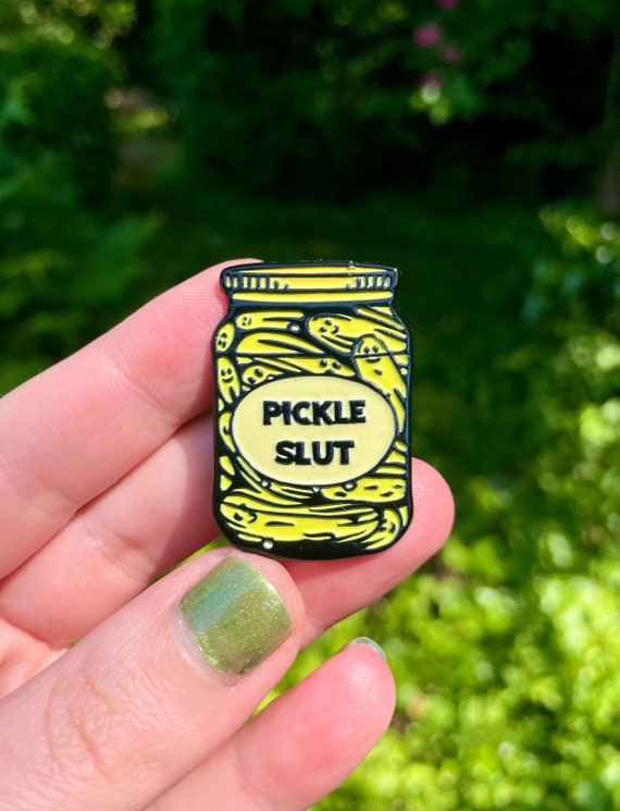 PICKLE SLUT PIN, Pickle pin, pickle art, pickle print, linocut, block print, pickle slut, enamel pin, soft enamel, pins